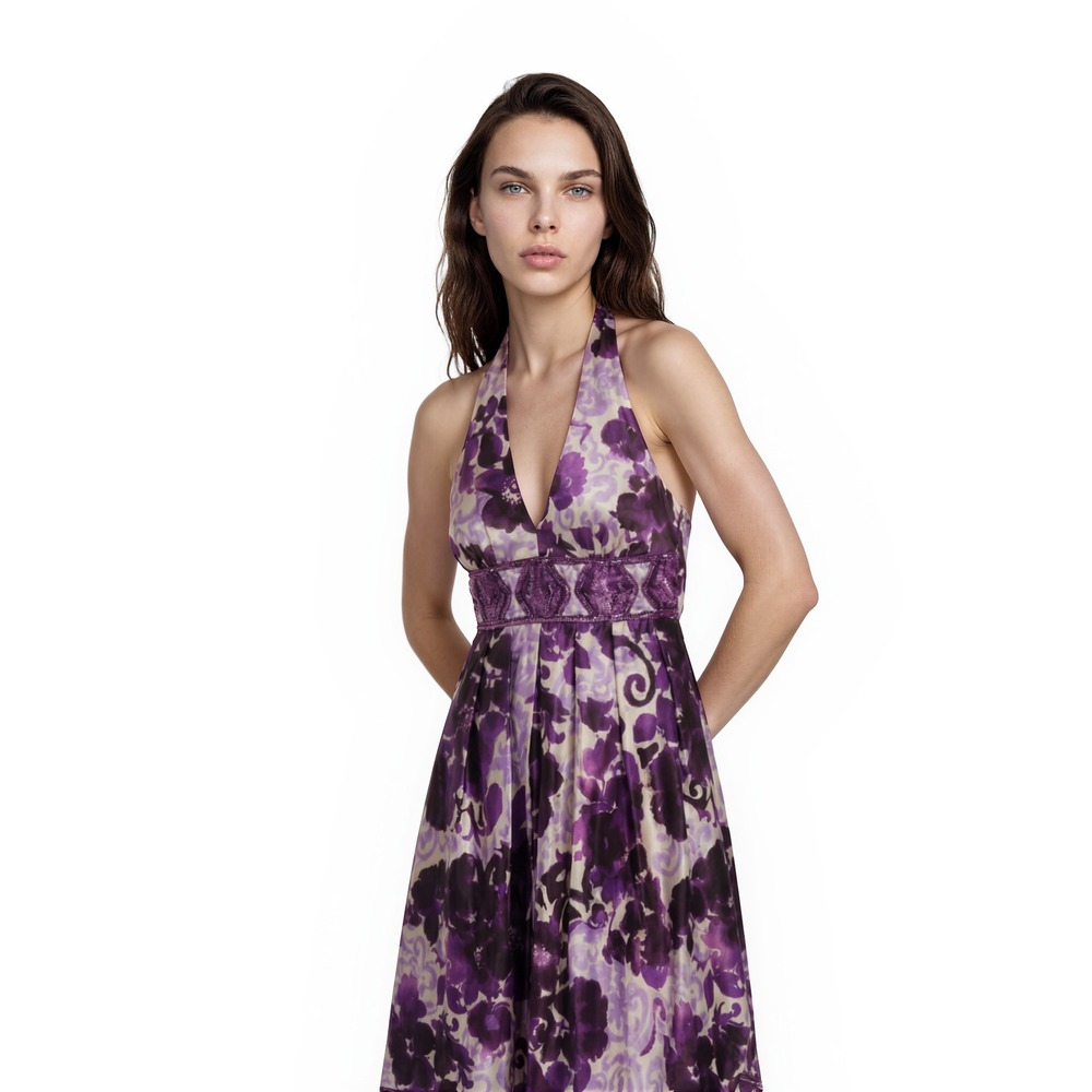 Adrianna Papell Silk Halter Dress Women's Size 8 Purple Floral‎ Sequin Cocktail